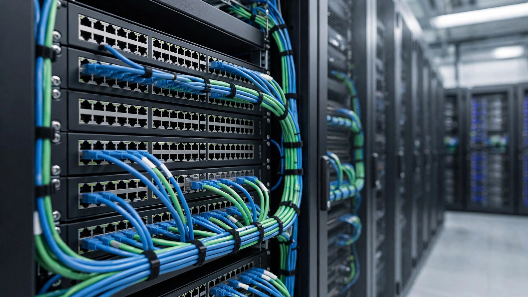 Neatly organised structured network cabling in a patch panel rack